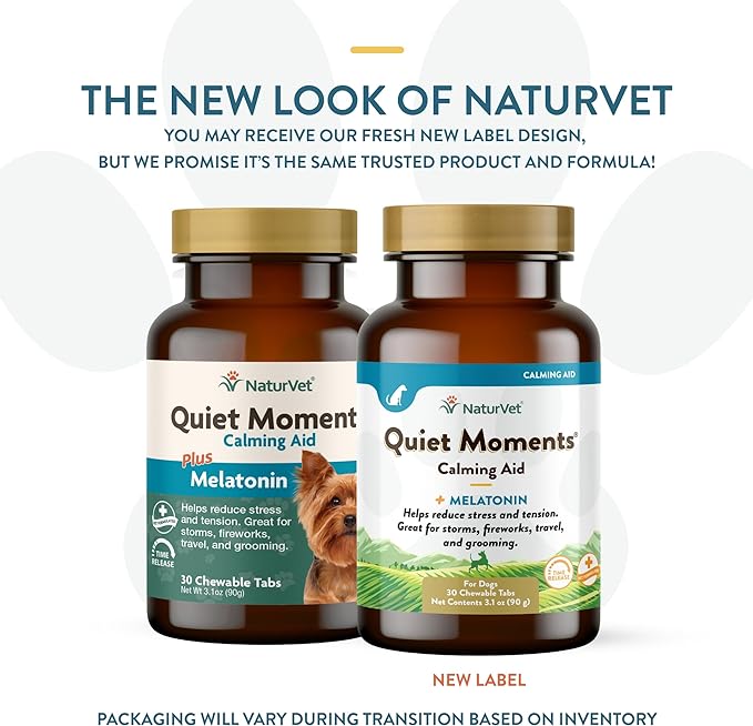 NaturVet Quiet Moments Calming Aid Melatonin Dog Supplement – Helps Reduce Stress in Dogs – for Pet Storm Anxiety, Motion Sickness, Grooming, Separation, Travel – 30 Ct. Tablets