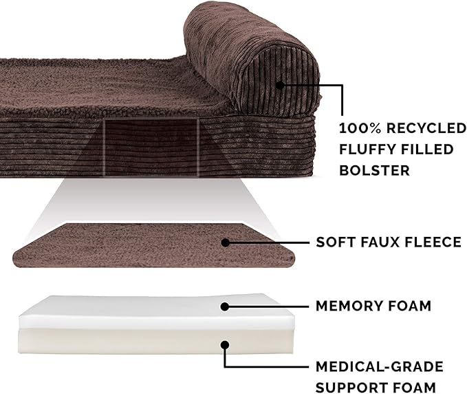 Furhaven Memory Foam Dog Bed for Small Dogs w/ Removable Bolster & Washable Cover, For Dogs Up to 20 lbs - Fleece & Corduroy Bolster Chaise - Dark Espresso, Small
