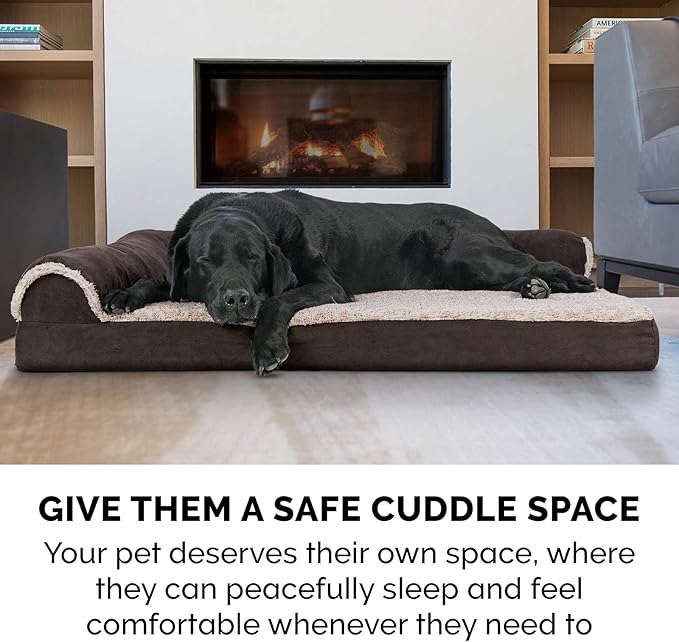 Furhaven Orthopedic Dog Bed for Large Dogs w/ Removable Bolsters & Washable Cover, For Dogs Up to 125 lbs - Two-Tone Plush Faux Fur & Suede L Shaped Chaise - Espresso, Jumbo Plus/XXL
