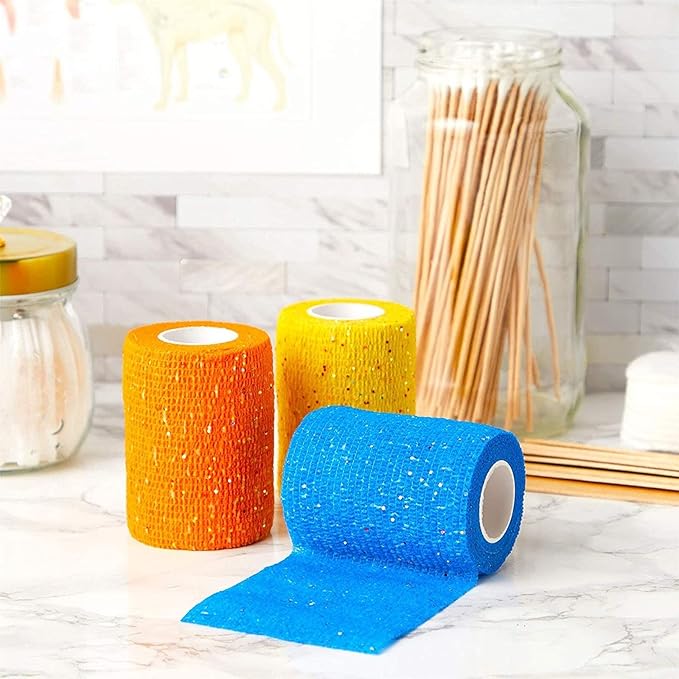 Self Adhesive Wrap, Glitter Cohesive Vet Tape for Pets (3x180 in, 12 Pack)