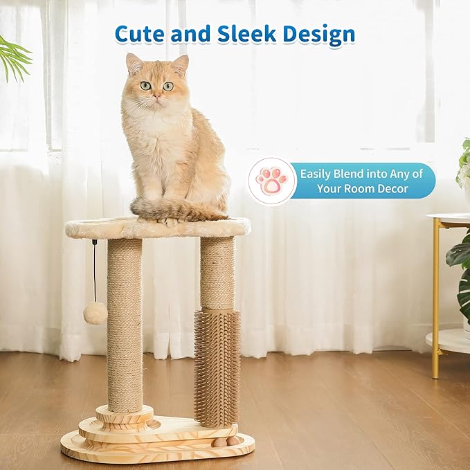 Made4Pets Cat Scratching Post, Cat Self Groomer for Indoor Cats, Cloud Soft Perch for Rest, 17.5" Tall Natural Sisal Scratcher Cat Grooming Interactive Ball Track Toys