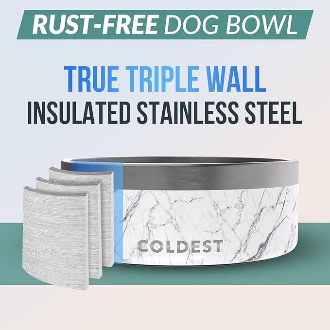 Coldest Dog Bowl - Anti Rust Metal & Non Slip Dog Bowls Large, Spill Proof Heavy Duty 3 Layers Insulated Dog Bowl - Food and Water Bowl for Dogs, Cats & Pets, Dishwasher Safe (64 oz, Carrara Marble)