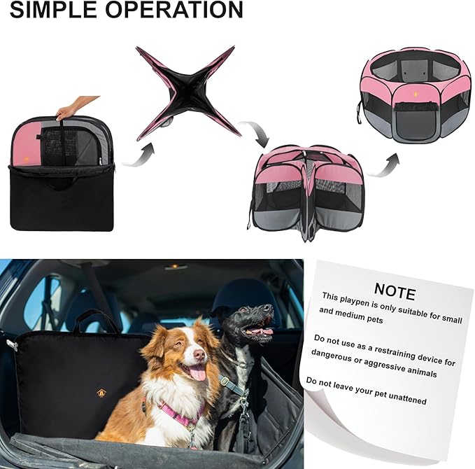 Pet Dog Playpen, 36" Medium Puppy Play Pen Tent Crates Cage for Indoor/Outdoor, Portable Playpen for Dog Cat, Foldable Pop Up Kennel Playpen with Waterproof Bottom, Shade Top Cover. Pink