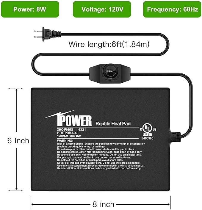 iPower 6 by 8-Inch 8 Watts Reptile Heating Mat with Temperature Controller Under Tank Warmer Terrarium Heat Pad for Reptiles and Amphibians, black