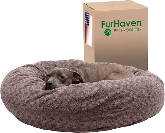 Furhaven 40" Round Donut Dog Bed for Large/Medium Dogs, Refillable w/ Removable Washable Cover, For Dogs Up to 75 lbs - Curly Faux Fur Donut Bed - Cocoa Dust, Large