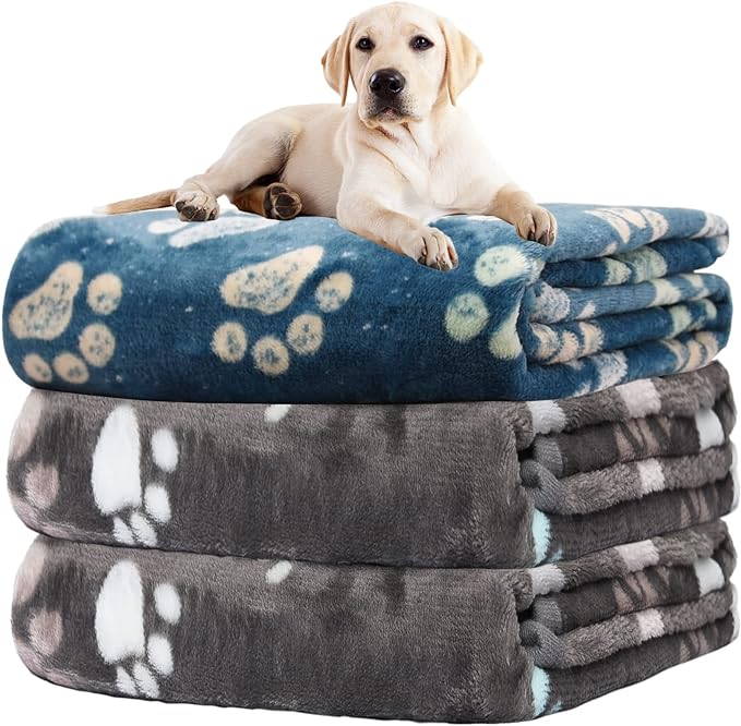 1 Pack 3 Blankets for Dogs, Dog Blankets for Large Dogs, Medium Dog Blanket Super Soft Fluffy Premium Fleece Pet Blanket Flannel Throw for Dog Puppy Cat Paw Blanket,Gray 2+ Blue 1,31x41 inch