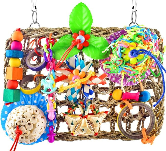 KATUMO Parrot Toys, Large-Sized Bird Shredder Wall Mat Parakeet Foraging Hanging Toys Conure Climb Toy Cockatiel Sola Ball Toys for Small-Medium Birds