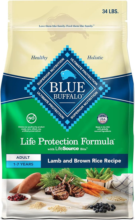 Blue Buffalo Life Protection Formula Adult Dry Dog Food, Helps Build and Maintain Strong Muscles, Made with Natural Ingredients, Lamb & Brown Rice Recipe, 34-lb. Bag