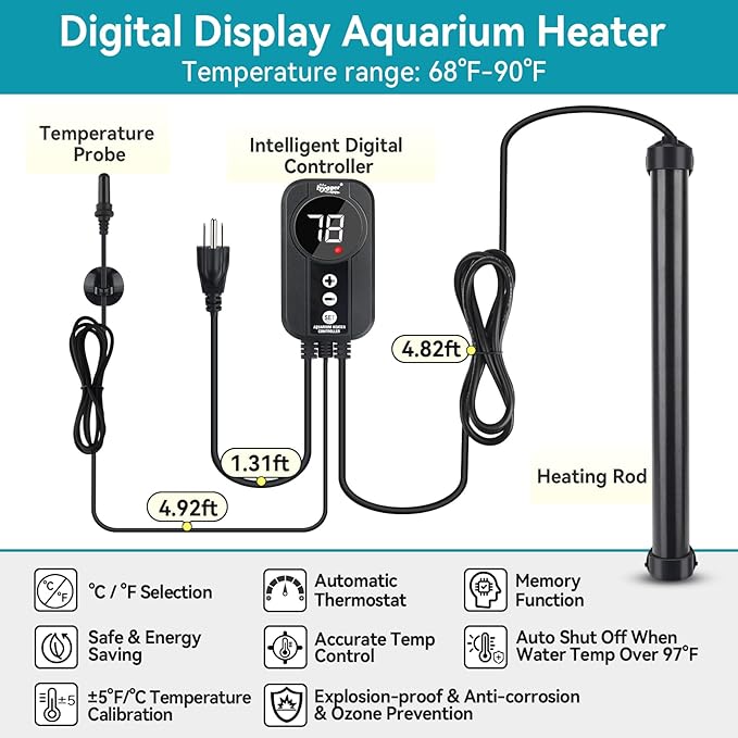 hygger Marine Aquarium Heater 200W,Titanium Heater with Digital LED Controller & Temperature Probe,Submersible Fish Tank Heater with Temperature Calibration,for Saltwater Freshwater Tank 30-40Gallon