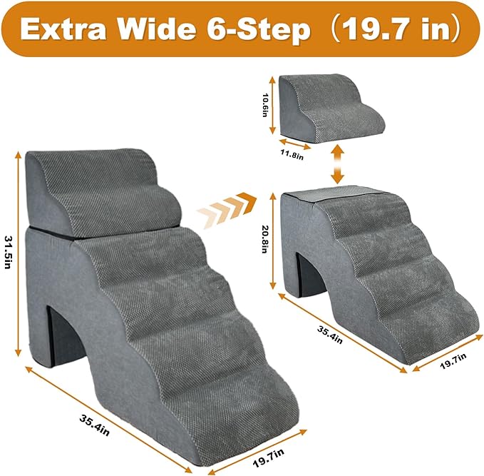 Dog Stairs for High Bed, 31.5 in Height 6-Step Curved Large Pet Steps, 19.7 in Extra Wide Pet Stairs for Couch, Non-Slip Balanced Portable Pet Ramp Indoor for Small Dogs and Older Pets