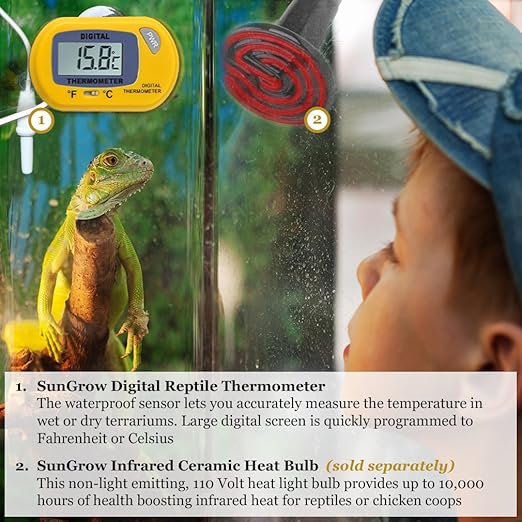 SunGrow Reptile Digital Thermometer, Waterproof Sensor Probe Monitors Temperature Accurately, Includes Replaceable Batteries, Easy to Read Display