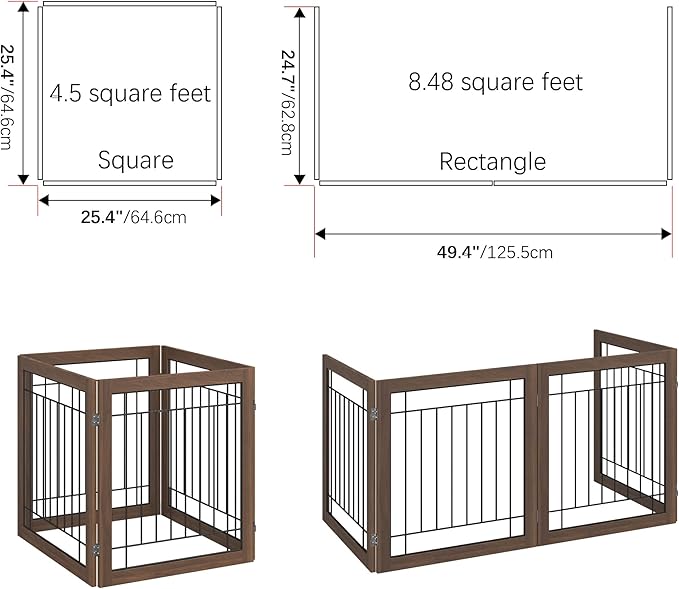 Folding No-Assembly Pet Gate 96" Wide, 30" Tall Wooden Dog Gate, Freestanding Wire Pet Gate, Pet Puppy Safety Fence, with 2PCS Support - Brown