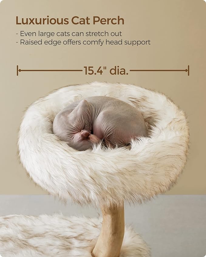 Feandrea Modern Cat Tree, Wood Cat Tower for Large Cats up to 22 lb, 48.4-Inch Luxury Cat Condo with Scratching Post, Perch, Cave, Basket, White UPCT144W01