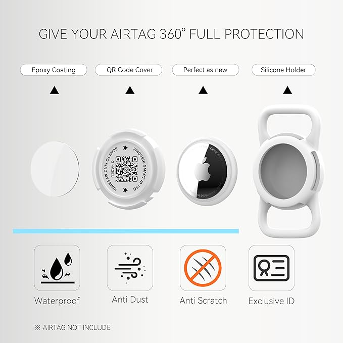 QR Code Airtag Holder, Scan QR Code Send Location Alert Email, Waterproof Full Body Protection Anti-Lost Air Tag Case, Airtag Accessories for Dog, Cats, Collar, Backpack (White, Regular)