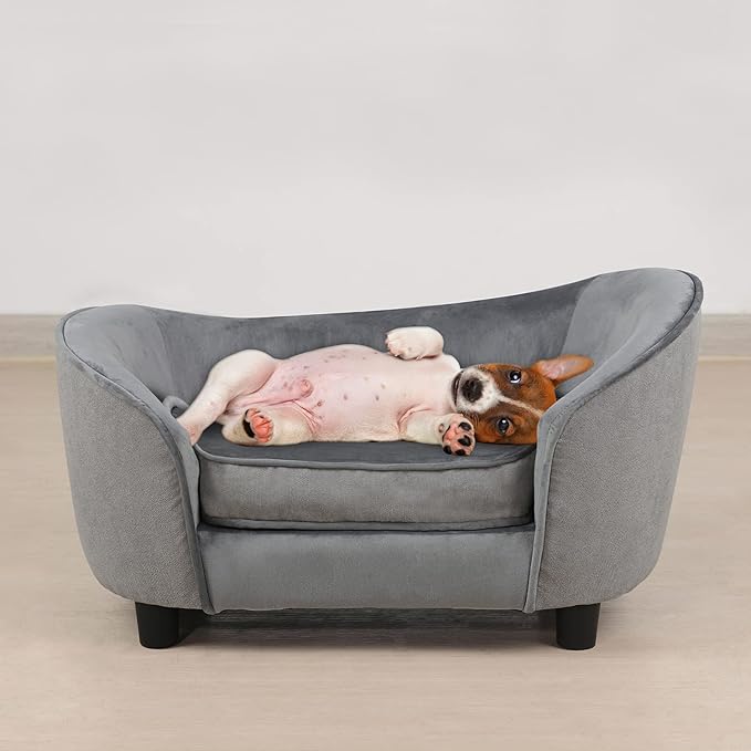 Pet Sofa Bed, Velvet & Linen Fabric Pet Couch Chair with Removeable & Washable Cushion for Small Dogs Cats (Light gray)