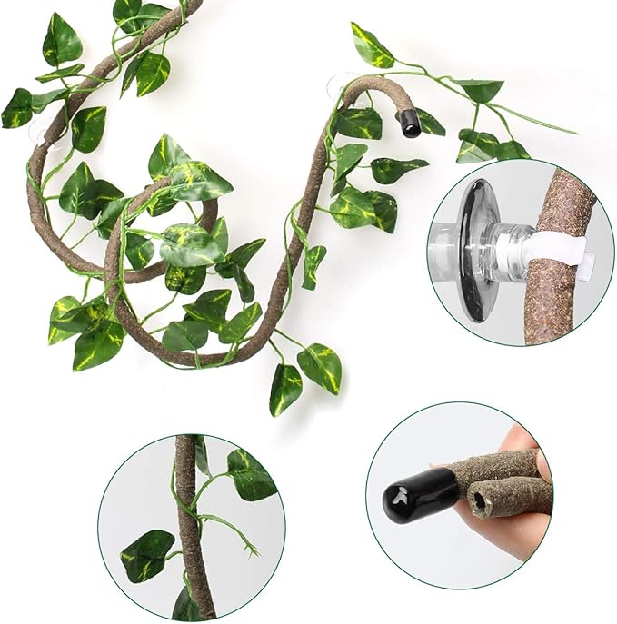 Coolrunner 8FT Reptile Vines and Flexible Reptile Leaves with Suction Cups Jungle Climber Long Vines Habitat Decor for Climbing, Chameleon, Lizards, Gecko