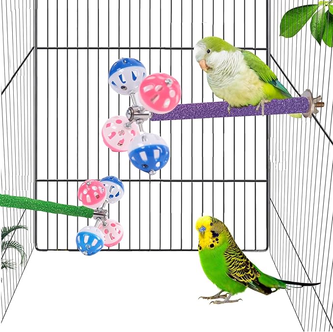 Perch Toy with Rotating Balls Suit for Small and Medium Birds, Budgies, Budgerigars, Parakeets, Parrots, Cockatiels, Parrotlets, Lovebirds, Ringnecks, Conures (Natural Quartz Sands, Purple)