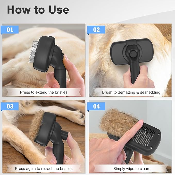 Self Cleaning Shedding Brush for Dogs & Cats, Skin Friendly Cat Brush, Dog Grooming Brush, Dog Brush for Shedding, Deshedding Brush, Puppy Brush Hair Brush for Haired Dogs, Black