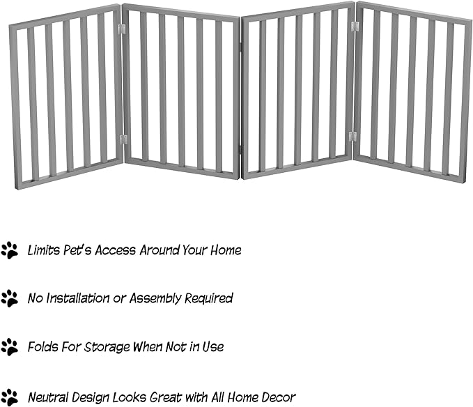 Pet Gate - 4-Panel Indoor Foldable Dog Fence for Stairs, Hallways, or Doorways - 72x24-Inch Retractable Wood Freestanding Dog Gates by PETMAKER (Gray)