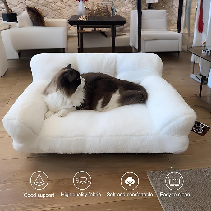 Pet Couch Bed, Washable Cat Beds for Medium Small Dogs & Cats up to 25 lbs, Soft Calming Cat Sofa Beds for Indoor Cats Anti-Slip Bottom，Fluffy Cat Couch (White)