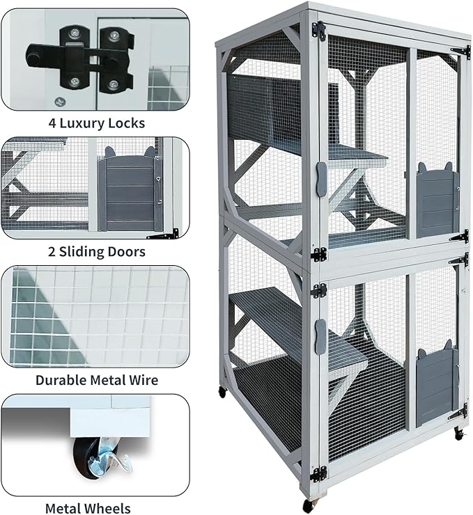 71 Inch Wooden Catio Outdoor Cat Enclosure on Wheels, Luxury Kitty-House with 4 Platforms & Weatherproof Asphalt Roof, Kitty Condo Cage Shelter Playpen with Sliding Doors