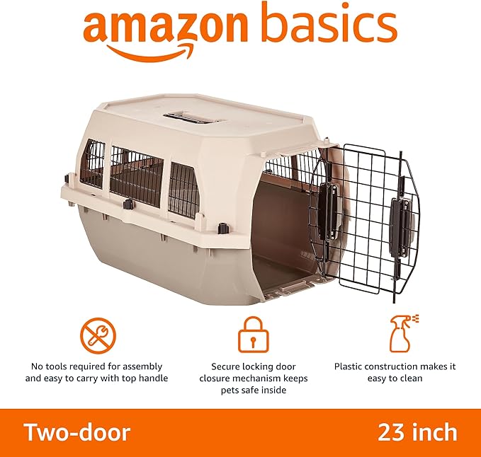 Amazon Basics Hard-Sided Dog and Cat Kennel Single-Door Travel Pet Carrier with Metal Wire Ventilation, 23.6"L x 15.7"W x 13.0"H, Beige