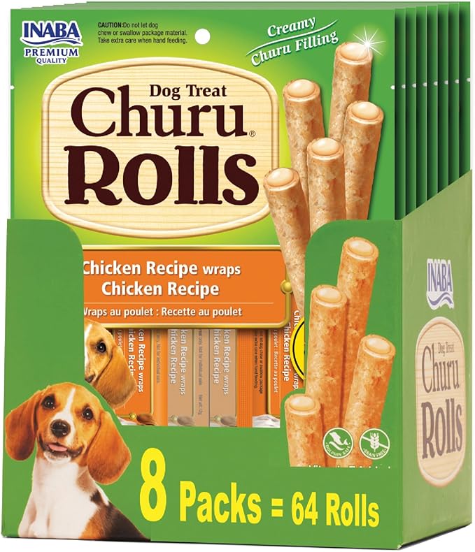 INABA Churu Rolls for Dogs, Soft & Chewy Baked Chicken Wrapped Filled Dog Treats with Vitamin E, 0.42 Ounces Each Stick, 64 Sticks (8 per Pack), Chicken Recipe