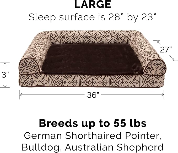 Furhaven Orthopedic Dog Bed for Large/Medium Dogs w/ Removable Bolsters & Washable Cover, For Dogs Up to 55 lbs - Plush & Southwest Kilim Woven Decor Sofa - Desert Brown, Large