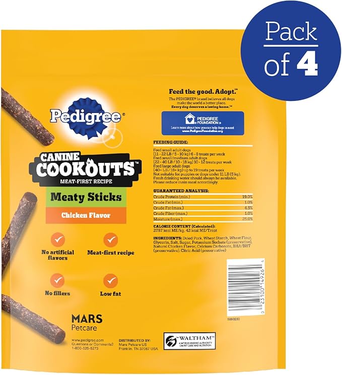 Pedigree Canine Cookout Soft Dog Treats, Chicken Flavored Meaty Sticks, 18.2 oz. Bag, Pack of 4