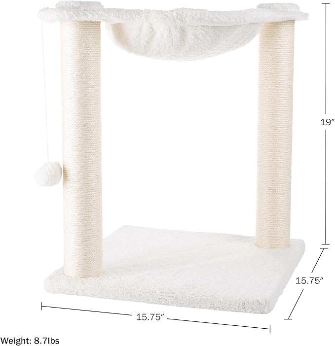 19-Inch Cat Scratching Post with Hammock ? Sisal Fabric and Carpet Small Cat Tree, Hanging Ball Toy for Adult Cats and Kittens by PETMAKER (White)