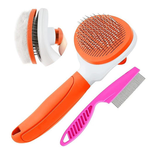 Cat Brushes for Indoor Cats, Dog Brush for Shedding with Metal Cat Comb, Self Cleaning Pet Hair Brush with Release Button for Grooming Kitten(Orange)