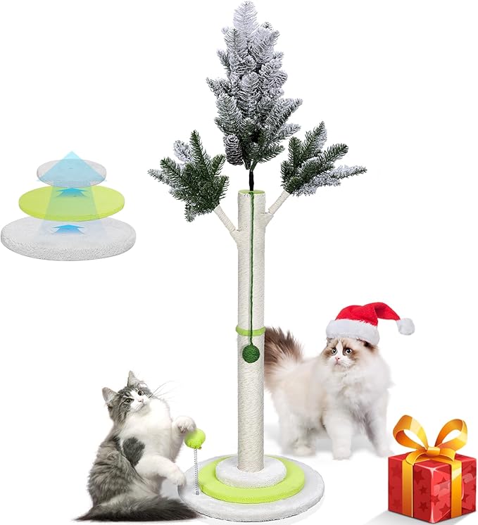 Almcmy Cat Scratching Post, 51.2" Tall Cat Scratching Tree with 1 Interactive Dangling Ball and 1 Spring Ball Toy, Sisal Rope Cat Post Cat Scratcher, Cute Kitten Scratching Posts for Indoor Large Cats