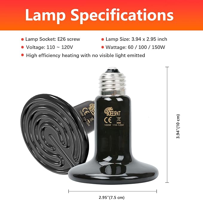 Energy Efficient 60W Reptile Basking Heat Lamp Bulbs, Pack of 2 Ceramic Heat Emitters for Tortoise, Bearded Dragon, Lizard, Iguana, Reptile (Black, 60 Watts)