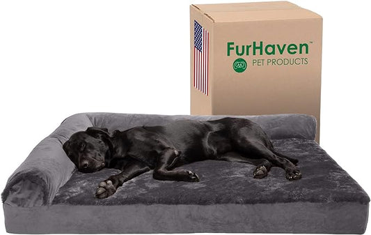 Furhaven Cooling Gel Dog Bed for Large Dogs w/ Removable Bolsters & Washable Cover, For Dogs Up to 125 lbs - Plush & Velvet L Shaped Chaise - Platinum Gray, Jumbo Plus/XXL