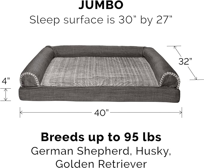 Furhaven Memory Foam Dog Bed for Large Dogs w/ Removable Bolsters & Washable Cover, For Dogs Up to 95 lbs - Luxe Faux Fur & Performance Linen Sofa - Charcoal, Jumbo/XL