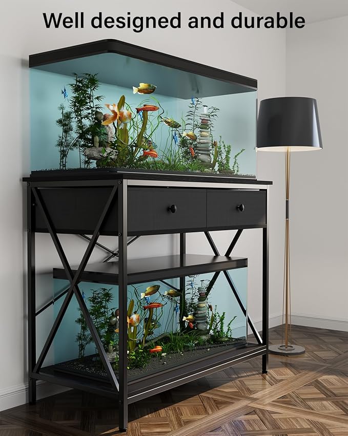 FILKO Aquarium Stand 40-50 Gallon, Metal Gallon Fish Tank Stands with Accessories Storage, Turtle/Reptile Terrariums Table,Breeder Tank Stand,Easy to Assemble(Tank not Included) (Black, 40 Gallon)