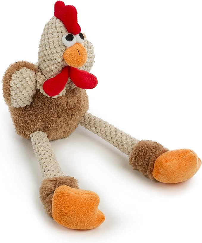 goDog Checkers Skinny Rooster Squeaky Plush Dog Toy, Chew Guard Technology - Brown, Small