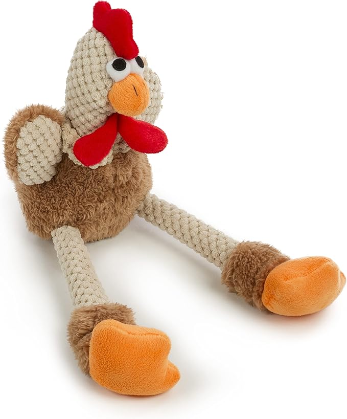 goDog Checkers Skinny Rooster Squeaky Plush Dog Toy, Chew Guard Technology - Brown, Large