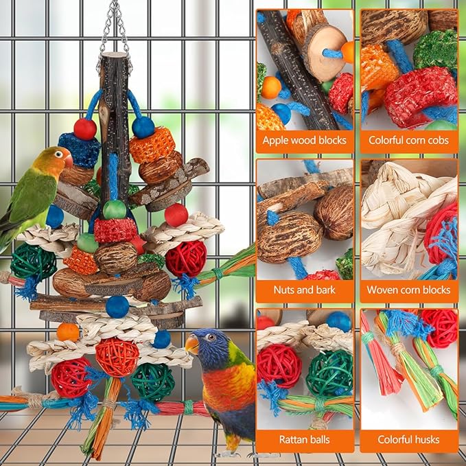 Bird Toys,Parrot Toys Exciting Chewing Fun for Parakeets,Cockatiels,Conures,Lovebirds,African Gray Cockatoos Amazon And Other Small Medium-Sized Parrot Natural Corn Cob Sturdy Nut (old bark)