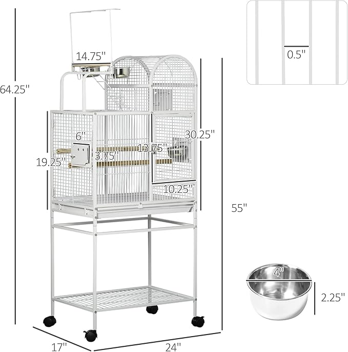 NicBex 55" Large Bird Cage with Play Top and Stand,Pet Flight Birdcage for Parrot Lovebirds Finches Parakeets Budgie Parrotlet Conures,Bird Cage with Tray, Food Cups, Rolling Stand,White