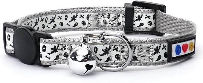 Pawtitas Halloween Cat collars for cats adjustable collar glow in The dark feature and Safety breakaway Buckle and Removable Bell to match your halloween cat's costume - Halloween Gray Pattern