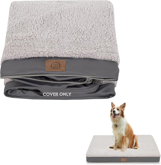 Washable Medium Dog Bed Covers Soft Plush Replacement, Waterproof Dog Bed Liner, Pet Bed Cover with Zipper 30x20x3 Inches, Grey, Cover Only