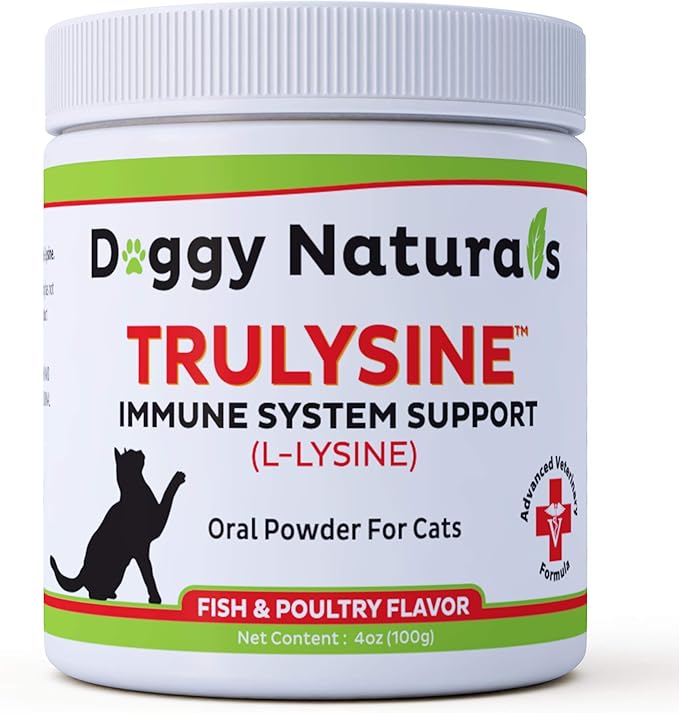 Trulysine L-Lysine for Cats Immune Support Oral Powder 4oz/100g - Cats & Kittens of All Age, Sneezing, Runny Nose Squinting, Watery Eyes - Fish & Poultry Flavor (U.S.A)(100 Grams ( 500mg / Scoop))