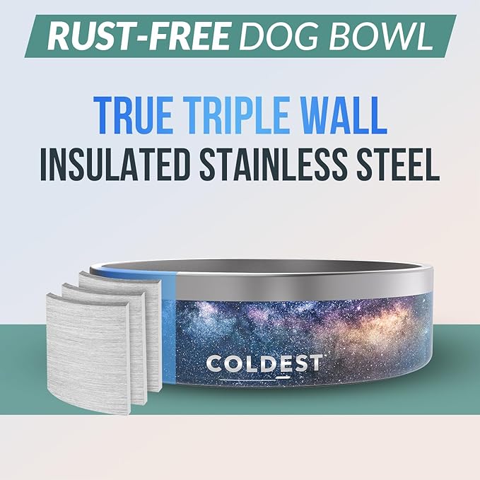 Coldest Dog Bowl - Anti Rust Metal & Non Slip Dog Bowls Large, Spill Proof Heavy Duty 3 Layers Insulated Dog Bowl - Food and Water Bowl for Dogs, Cats & Pets, Dishwasher Safe (42 oz, Into The Beyond)