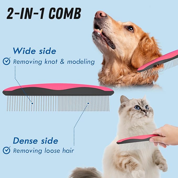 Pet Grooming Brush and Metal Comb Combo, Cat Brush Dog Brush for Shedding, Undercoat Rake for Dogs Grooming, Dematting Deshedding Brush Dogs Shedding Tool for Long matted Haired Pets, Pink