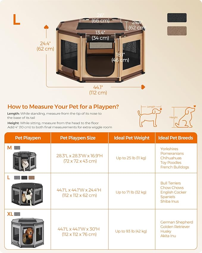 Feandrea Dog Playpen, Oxford Fabric Dog Fence, Octagon Dog Crate, L, 44.1 x 44.1 x 24.4 Inches, PVC Pipe Frame, Breathable Mesh, Double Openings, Walnut Brown and Camel Brown UPDC003K01