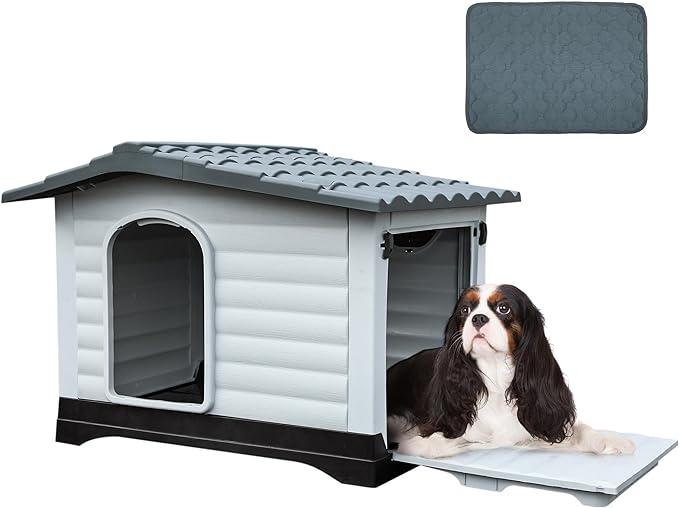 YITAHOME 36'' Large Double Door Dog House with Porch & Cushion, Outdoor Plastic Doghouse with Elevated Base, Easy to Install, Water-Resistant Pet House for Small Medium Dogs (36''L*27.1''W*26''H)