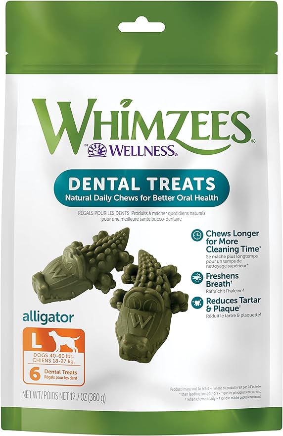 WHIMZEES by Wellness Alligator Natural Dental Chews for Dogs, Long Lasting Treats, Grain-Free, Freshens Breath, Large Breed, 6 count