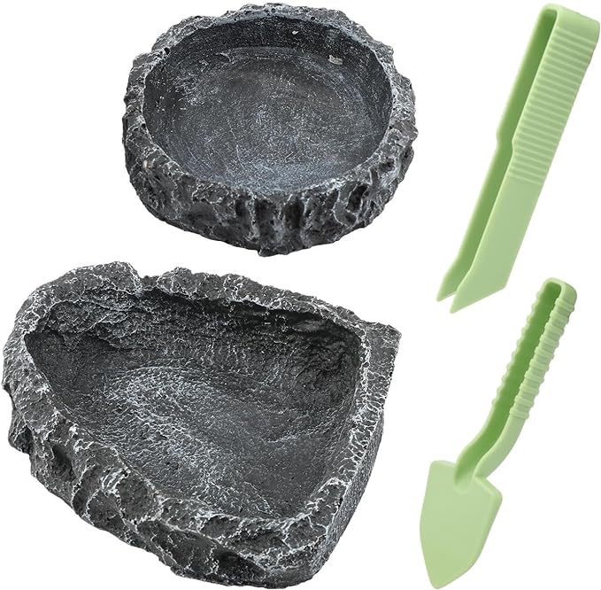 Reptile Bowls, 2 Pcs Reptile Feeding Dish with Clamp & Shovel, Resin Rock Reptile Water & Food Bowls, Amphibian Reptile Feeding Terrarium Bowls for Gecko Lizard Spider Scorpion Chameleon