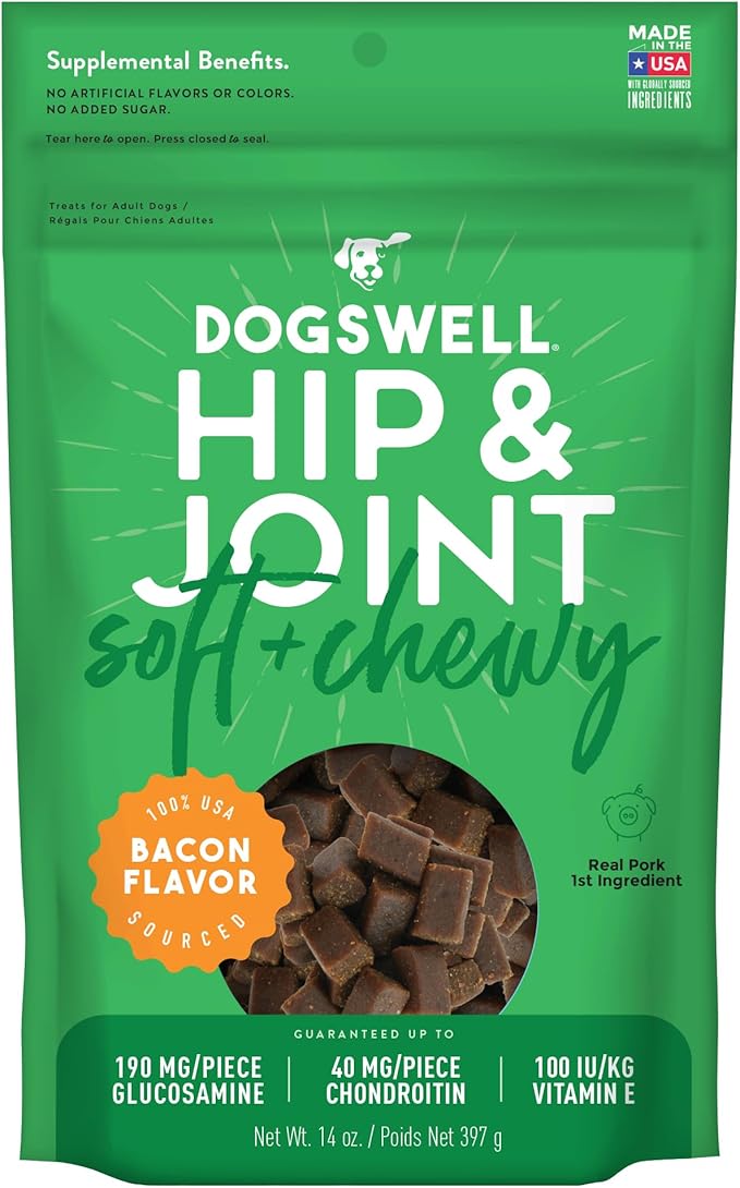 DOGSWELL Hip & Joint Soft & Chewy Dog Treats, Bacon, 14 oz. Pouch